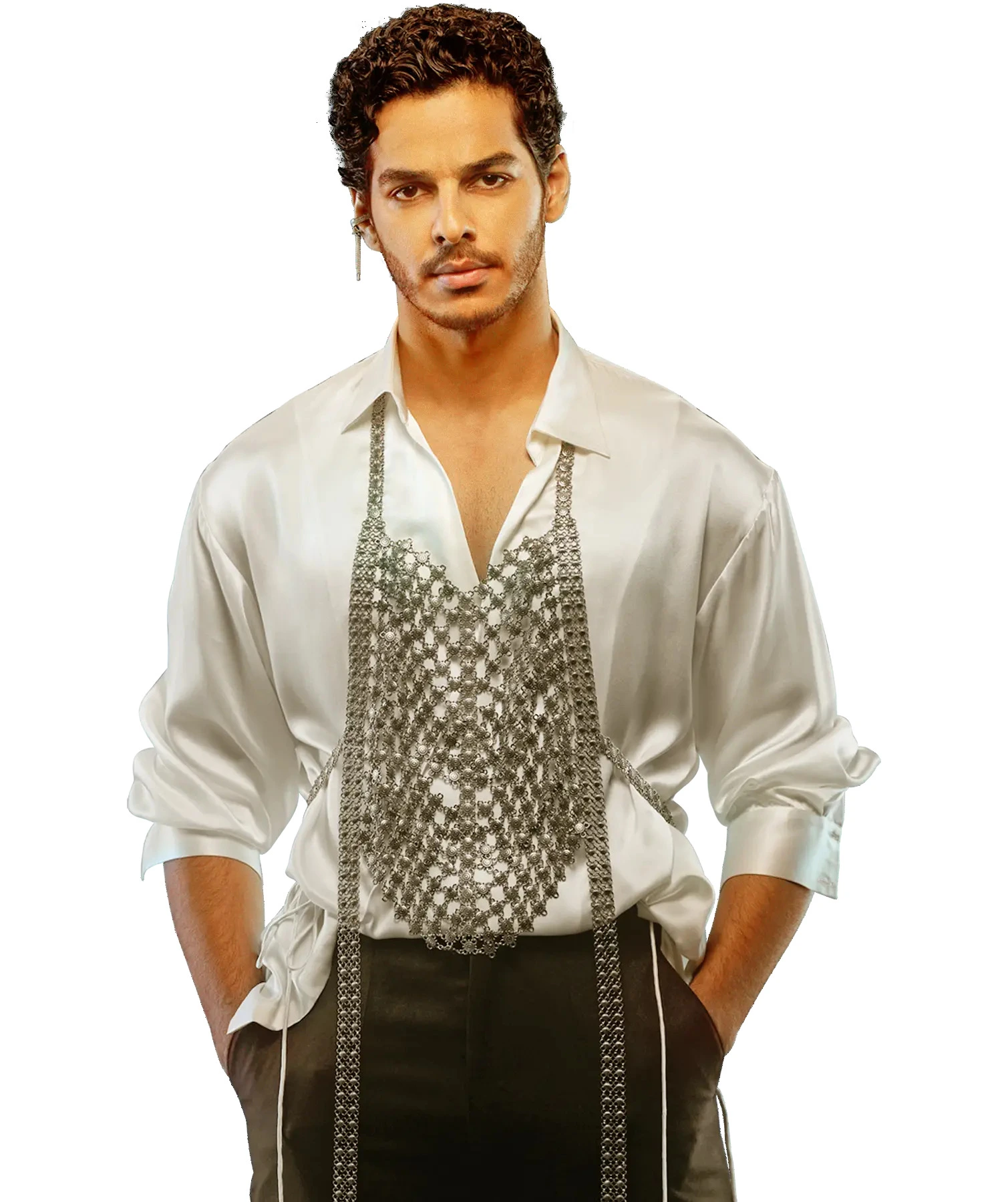 Ishaan Khatter in white draped shirt with silver embellishments on runway at Blenders Pride Fashion Tour